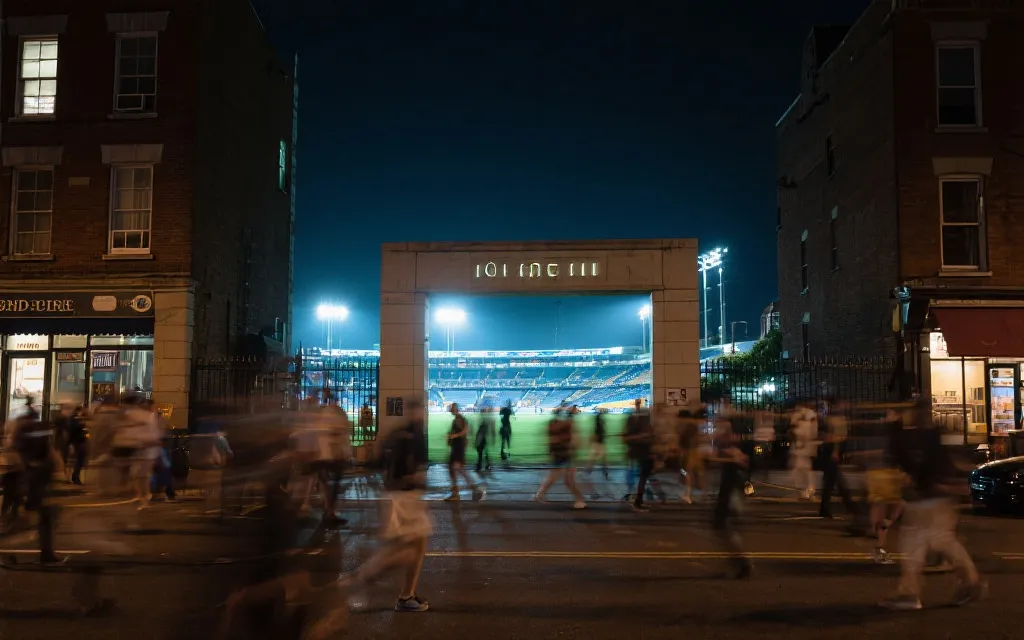 球迷从城市街头走向球场入口的旅程感画面