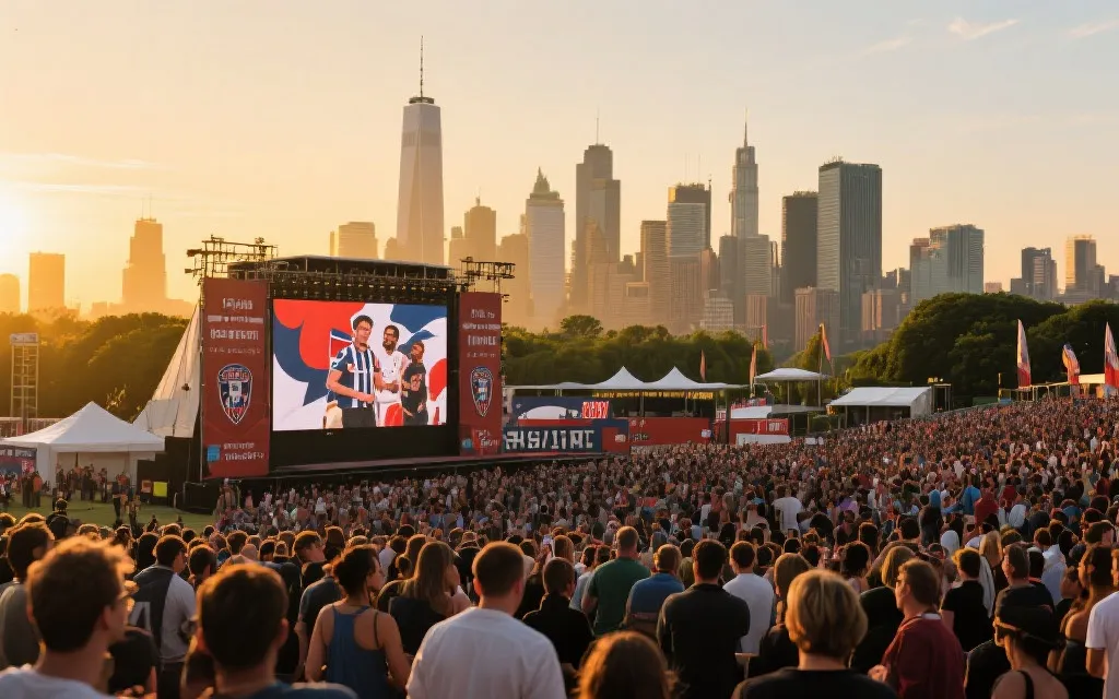 球迷专区大屏幕与城市地标同框的广角画面，展现城市品牌传播与人群氛围