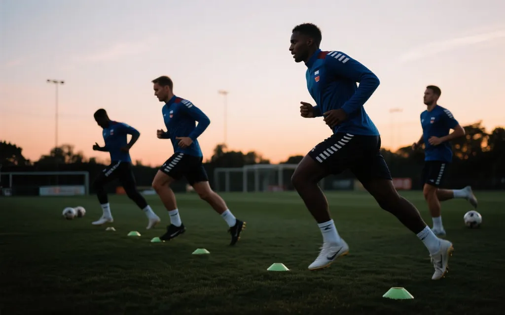 训练场上国家队备战与体能管理的画面